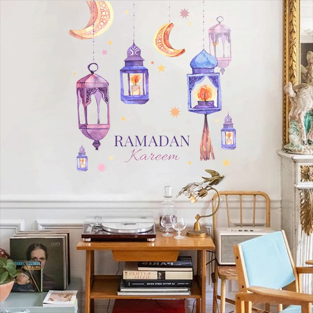Ramadan Kareem Moon Star Lantern Wall Decal Eid Mubarak Decorations for Home Wall Window Sticker Muslim Islamic Party supplies