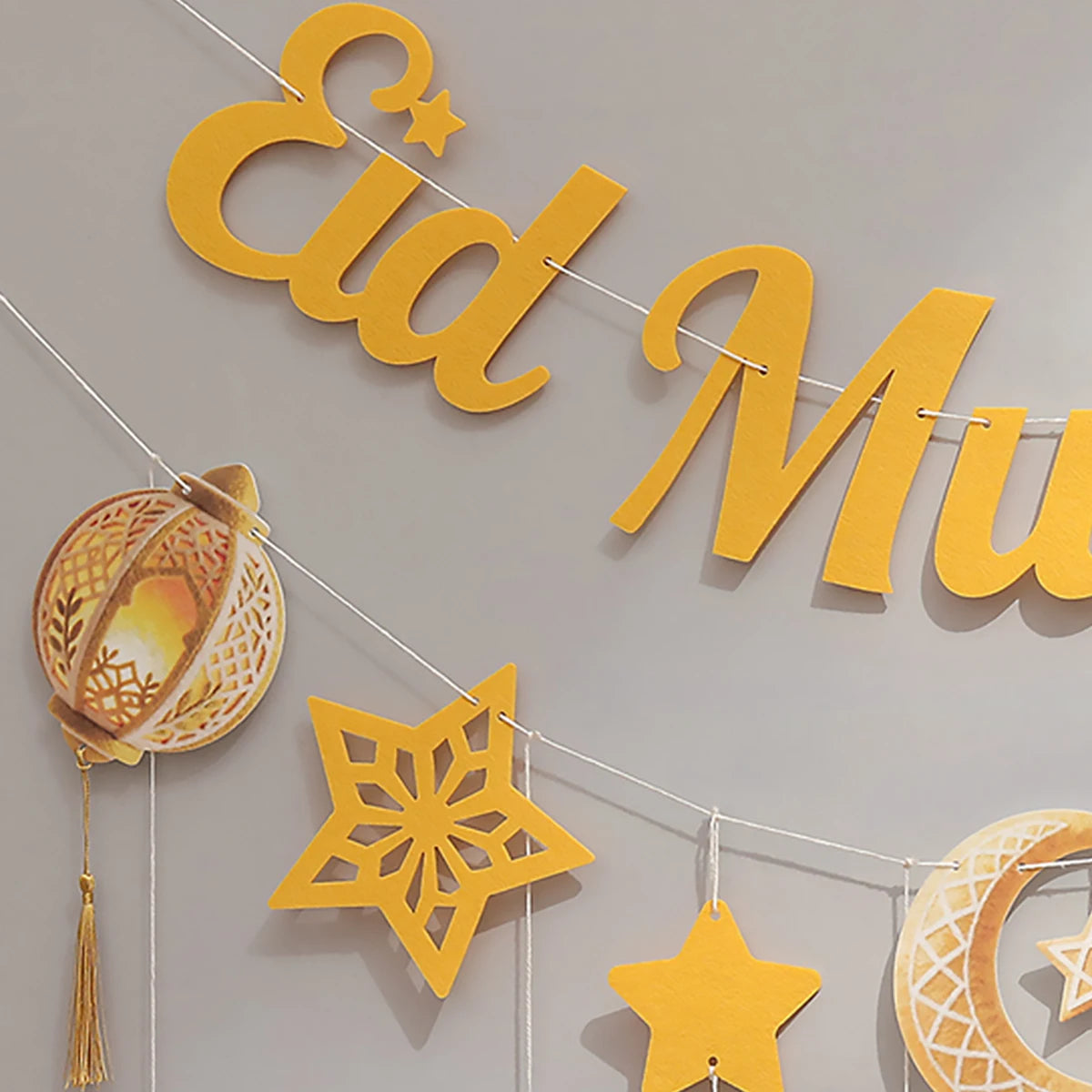Ramadan Eid Mubarak Party Backdrop Wall Decoration Banner Moon Star Lamp Bells Tassel Hanging Accessories