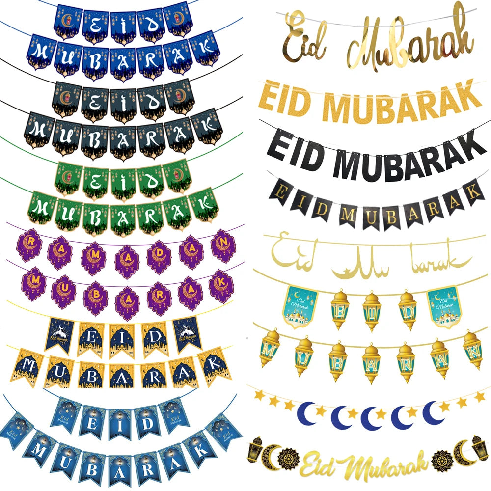 Ramadan Mubarak Banner Bunting Garland Eid Mubarak Lantern Moon Castle Sign Festival Celebration Wall Hanging Party Decorations
