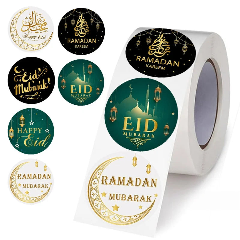 500pcs/roll Middle East Ramadan Stickers Arabic Eid Moon Oil Lamp Gift Envelope White Green Gold Seal Stickers Southeast Asia