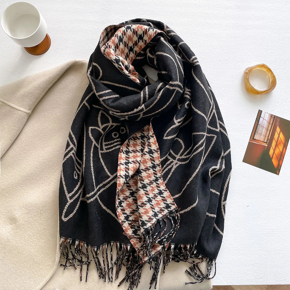 Long Soft Double Sided Jacquard Scarf Women Winter Warm Thickened Shawl Wrap with Fringe for Outdoor Activities Scarves Hijab