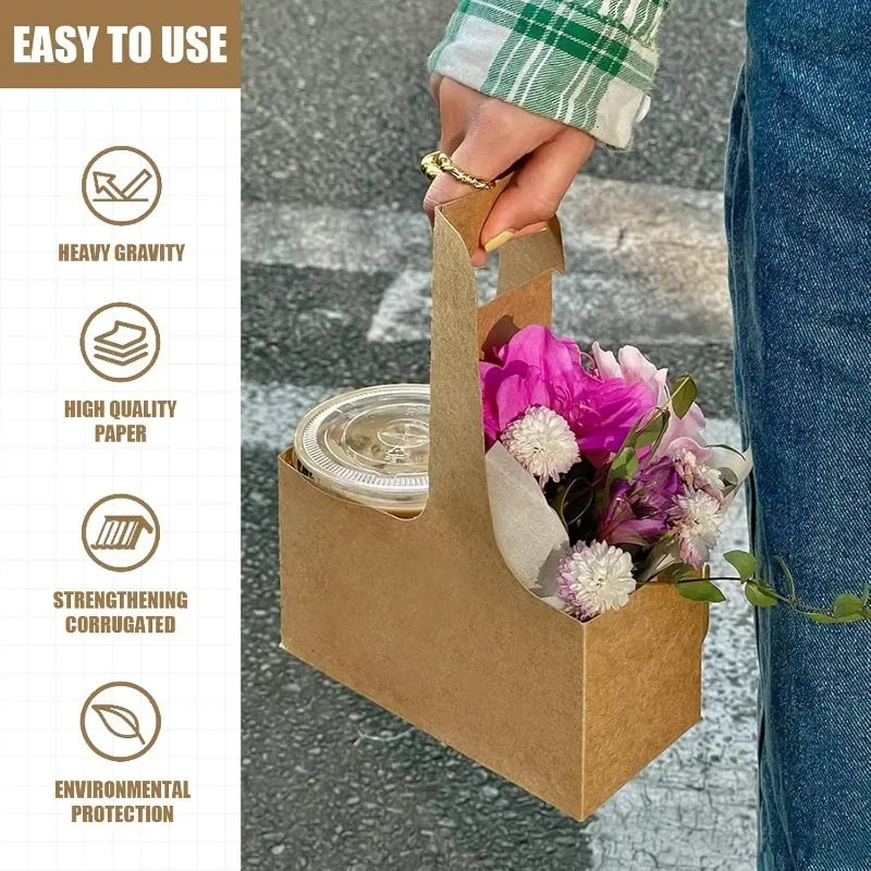 15 Count 2-Cup Disposable Drink Carrier - Brown Kraft Paperboard Holder w/Handle for Hot/Cold Drinks, Coffee, Food Delivery