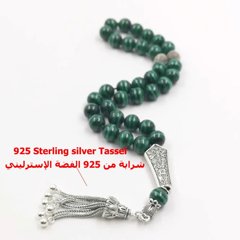 Luxurious Tasbih 100% Natural Green Malachite Grade AAAAA with 925 Sterling Slivers Teaasel islamic rosary Muslim Eid adha gift