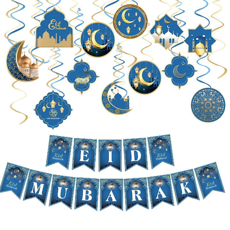 1Set Ramadan Mubarak Paper Banner Garland Hanging Pendant 2025 Islamic Muslim Party Moon Castle Decor EID Party Gift Supplies