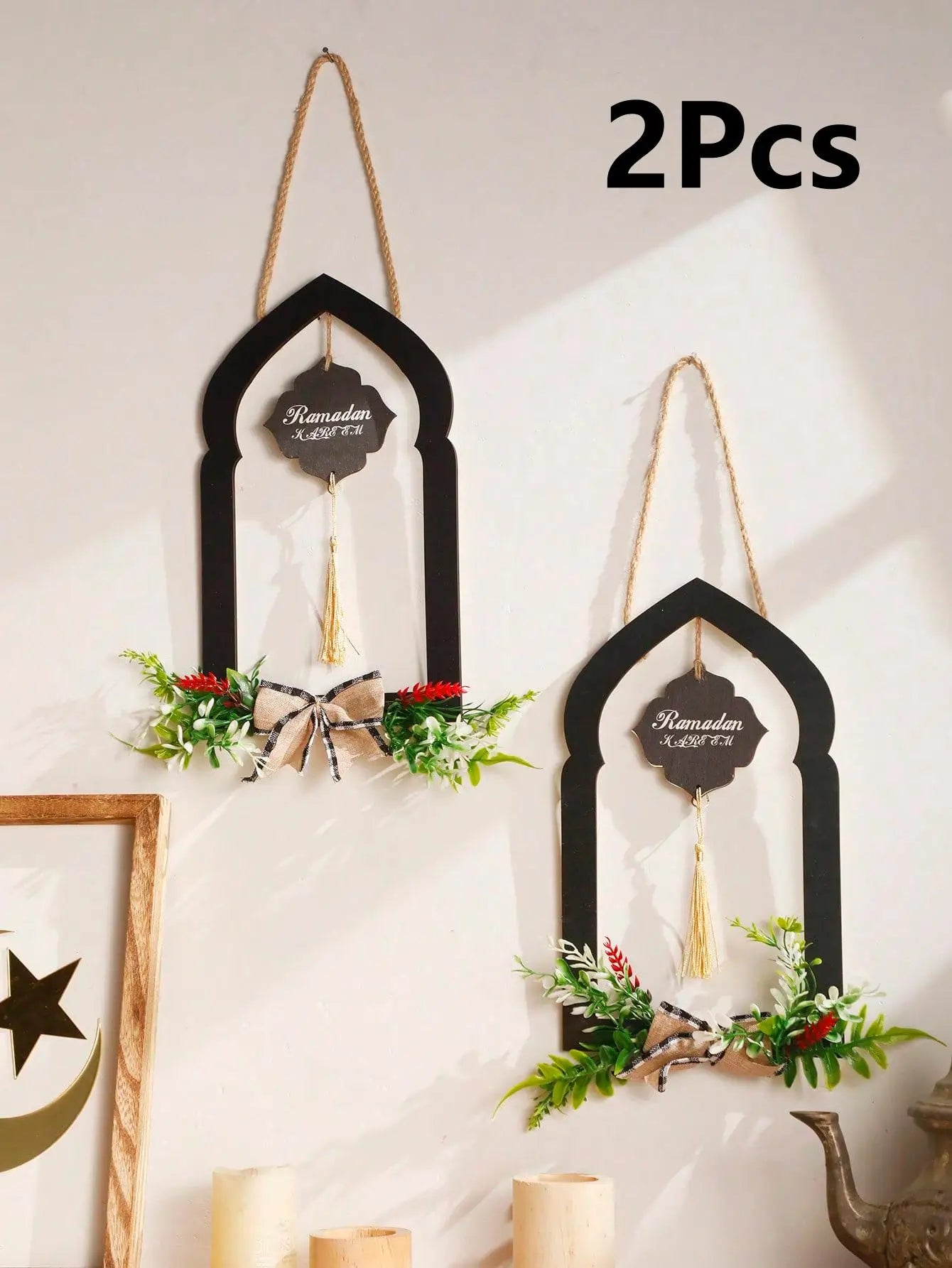 Ramadan Wooden Wall Hanging Decor Islamic Arch Design with Floral & Tassel Festive Home & Wall Decoration for Ramadan & Eid Gift