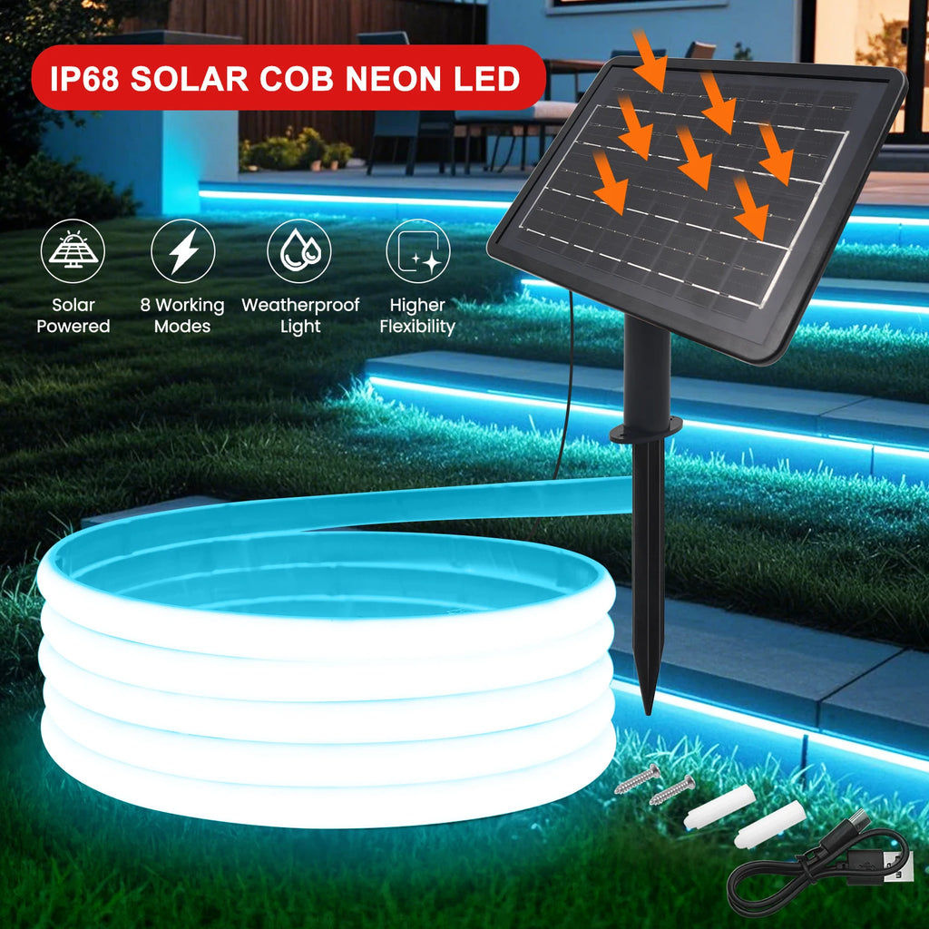 IP68 Waterproof Solar Powered COB Neon Strip 24V 320Leds 3000K 4000K 6000K Red/Green/Blue/Yellow Flexible Ribbon Rope LED Light