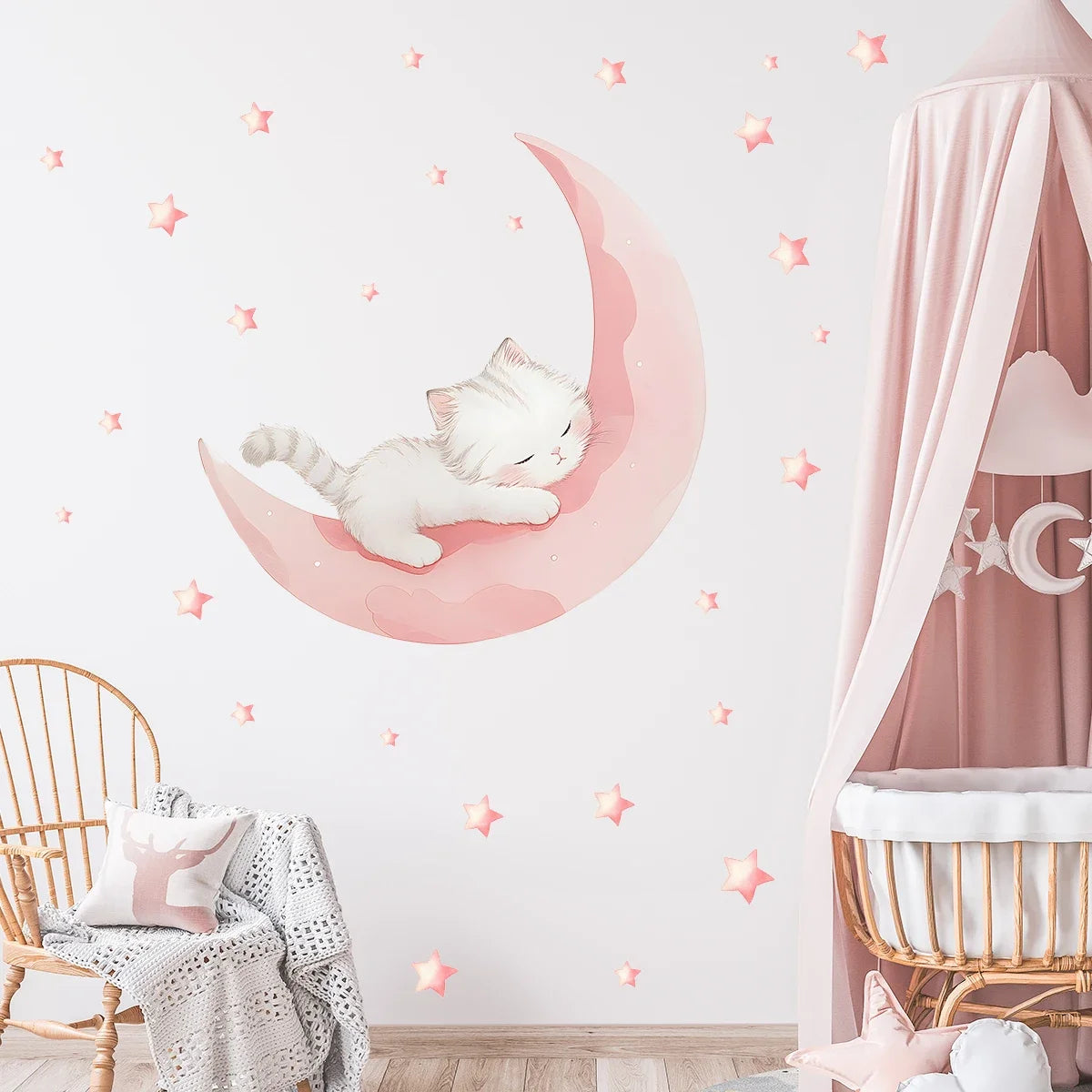 Cartoon Pink Moon Cute Cat Sleep Wall Stickers Baby Room Star Home Decor Accessories Living Room Bedroom Decoration Kids Room
