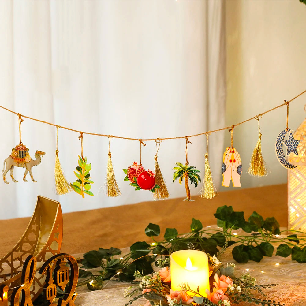 Ramadan Kareem Hanging Garland Islamic Camel Pomegranate Palm Moon Star Decor for Muslim Festival Home Party Wall Ornament Gifts