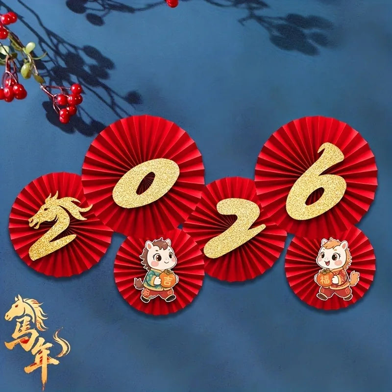 6pcs 11.42inch,9.84inch,7.48inch New Year Red&Golden Paper Fans-Traditional Decoration with Dragon,Phoenix,Lanterns-Wall Hanging