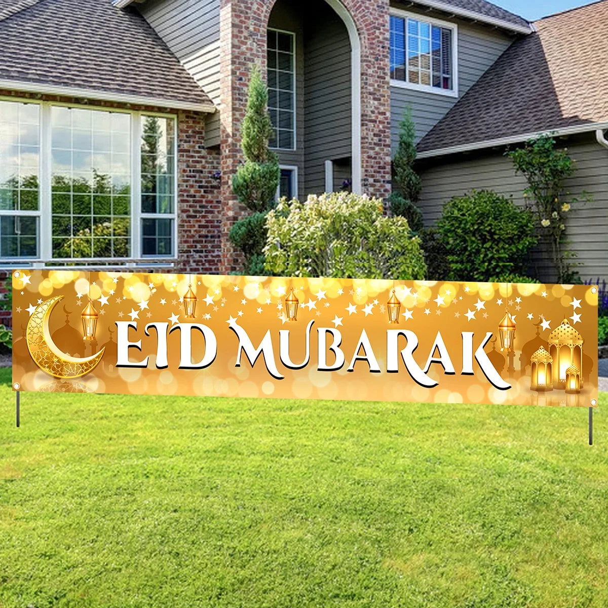 Eid Mubarak Backdrop Moon Star Castle Pattern Ramadan Decorations Banner for Home Islamic Muslim Party Supplies Eid Al-fitr Gift