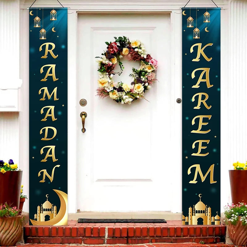 Eid Mubarak Door Banner 2026 Ramadan Decoration Ramadan Kareem Hanging Flag Muslim Porch Door Sign Welcome Banner Party Supplies