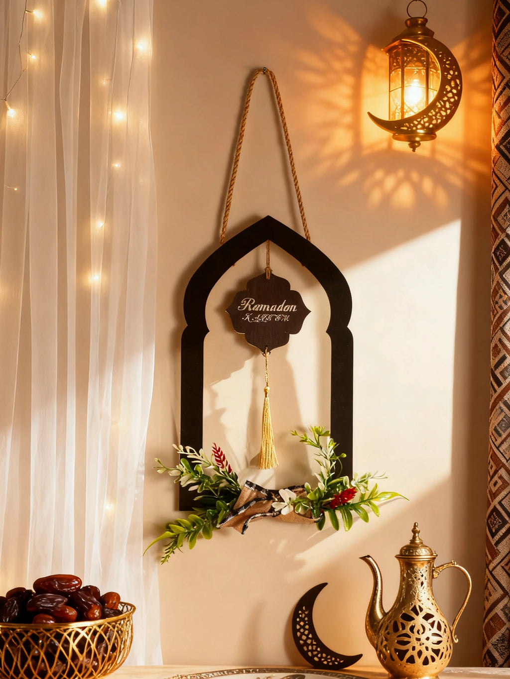 Ramadan Wooden Wall Hanging Decor Islamic Arch Design with Floral & Tassel Festive Home & Wall Decoration for Ramadan & Eid Gift