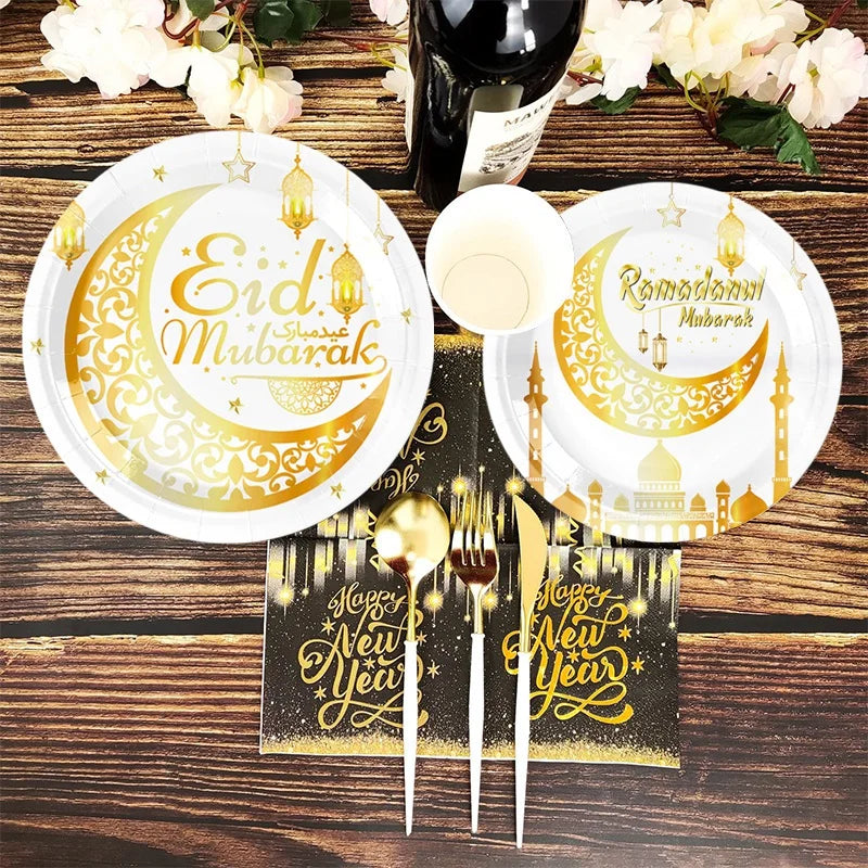 Eid Mubarak Party Tableware Set Disposable Plates Napkins Banner Tablecloth Ramadan Decorations Islamic Muslim Party Supplies