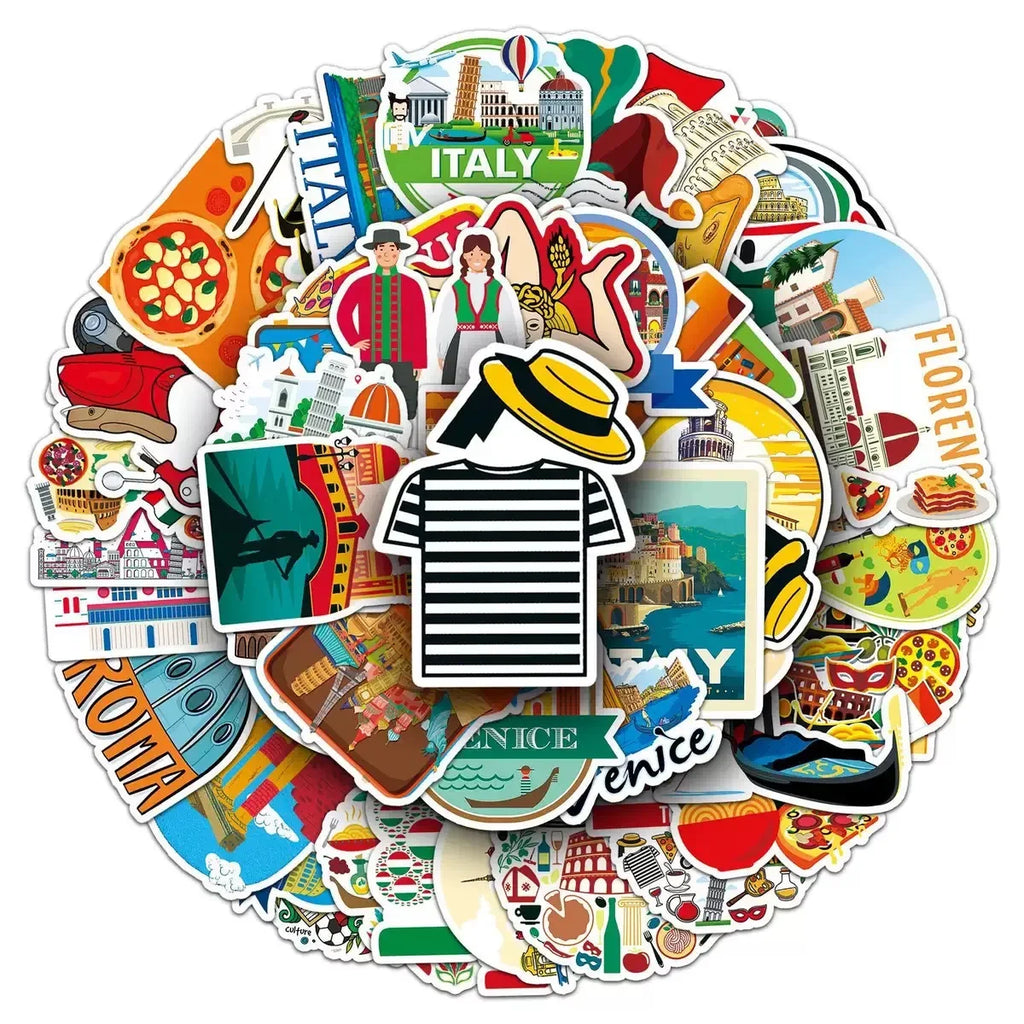 50pcs Italy Travel Famous City Stickers Pisa Tower Venice Scenery Decals Waterproof for Scrapbook Laptop Luggage Decorative