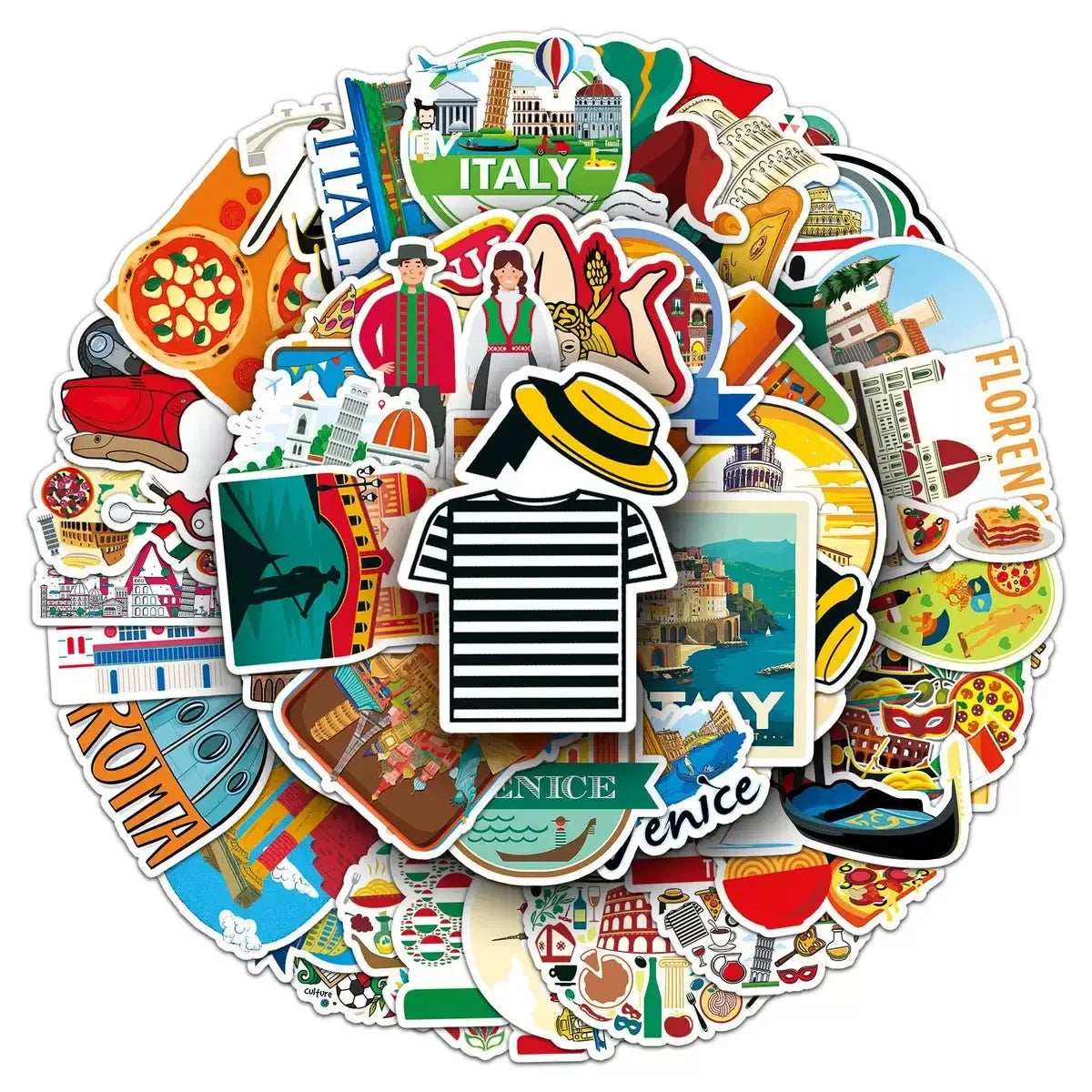 50pcs Italy Travel Famous City Stickers Pisa Tower Venice Scenery Decals Waterproof for Scrapbook Laptop Luggage Decorative