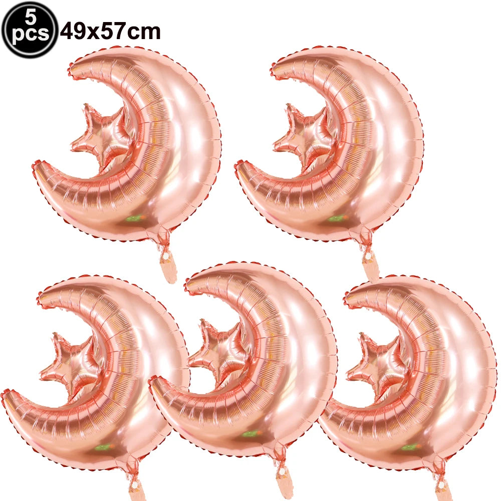 5pcs Eid Mubarak Balloons Decors Ramadan Lantern Moon Star Shape Moon Castle Pattern Foil Balloons Islamic Muslims Party Supplie