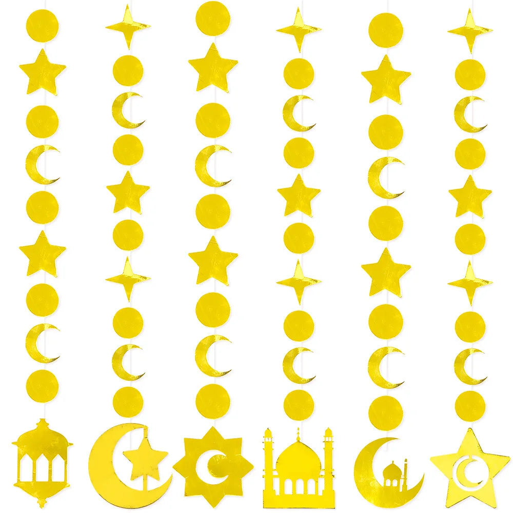 Gold Star Crescent Castle Hanging Garland - Ramadan Eid Party Decor - Moon Festival Streamer Ornament