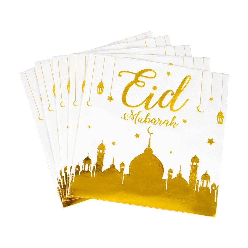 Eid Mubarak Party Tableware Set Gold Disposable Plate Cup Napkins Banner 2026 Islamic Muslim Supplies Ramadan Kareem Decorations