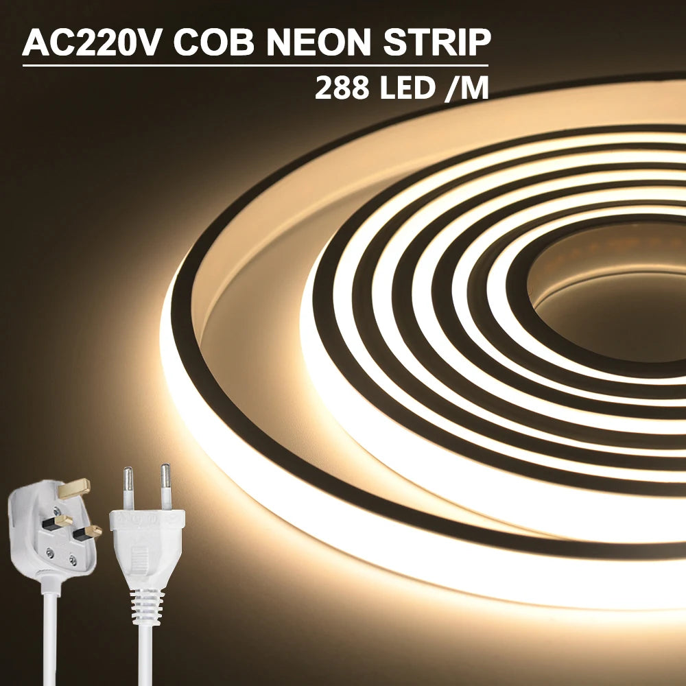 COB LED Strip Neon Light 220V EU UK Plug 288LEDs/M RA90 Flexible Tape Waterproof Led Ribbon for Kitchen Outdoor Garden Lighting
