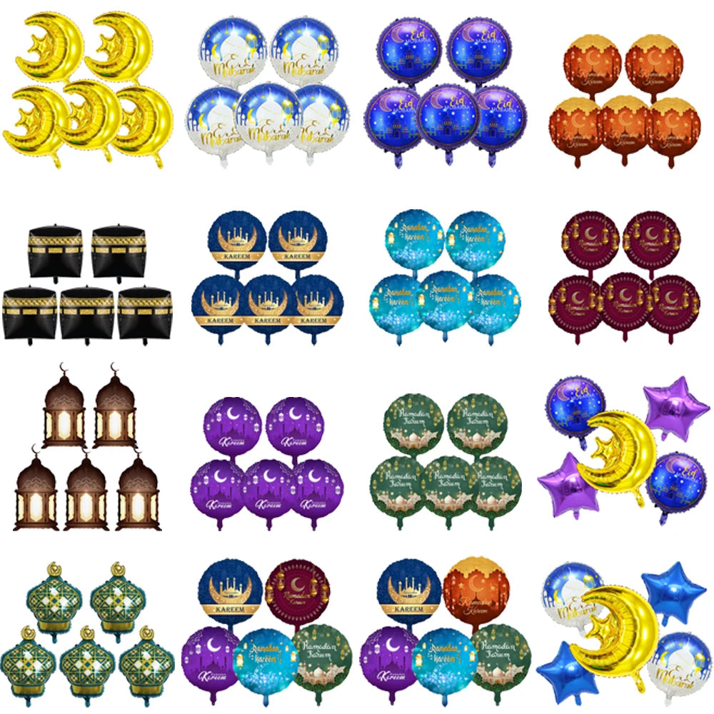 5pcs Eid Mubarak Balloons Decors Ramadan Lantern Moon Star Shape Moon Castle Pattern Foil Balloons Islamic Muslims Party Supplie