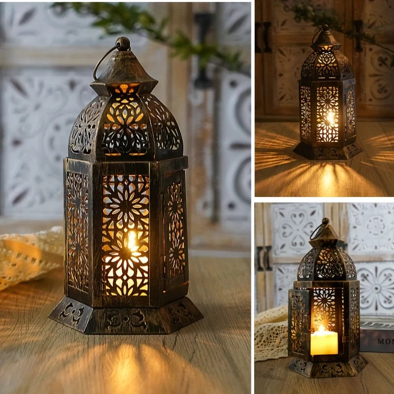 1PC Metal Retro Moroccan Lantern Candelabra, Candle Holder, Iron Candelabra, Hurricane Lamp Candelabra Decoration, Suitable for