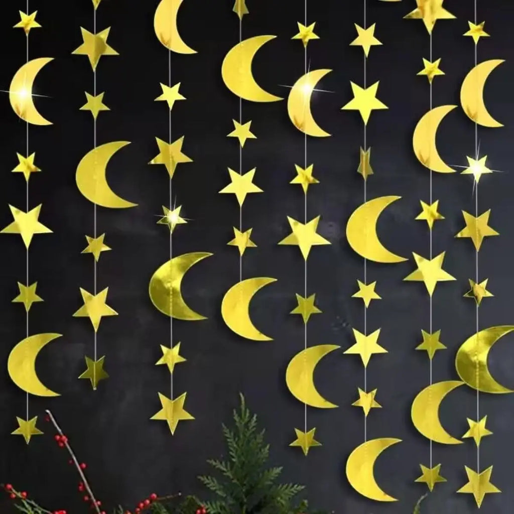 Gold Silver Moon Star Hanging Banner String Garland for Ramadan EID Kids Birthday Baby Shower Home Decorations