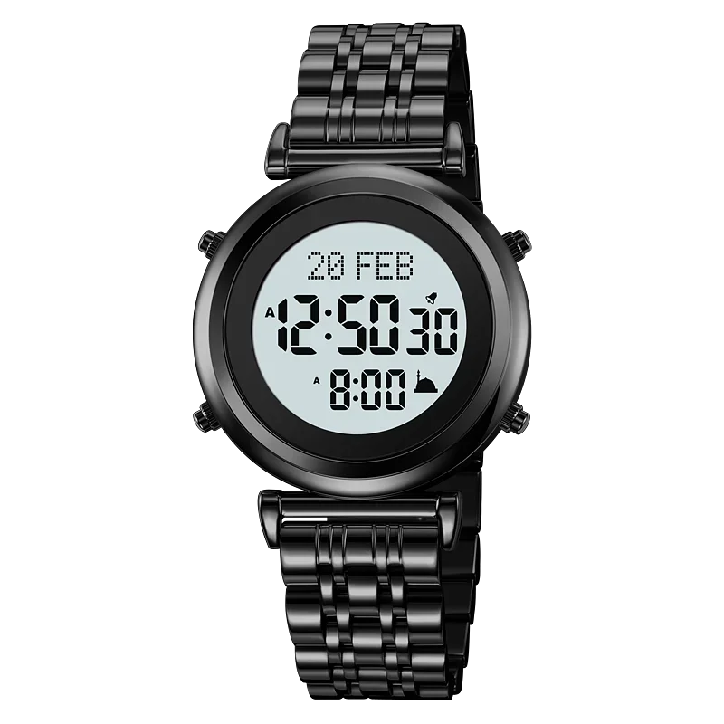 Muslim Azan Digital Watch Mens Back Light Waterproof Steel Hijri Islamic Wristwatch Prayer Qibla Compass Alarm Clock