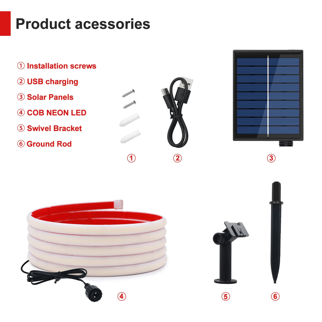IP68 Waterproof Solar Powered COB Neon Strip 24V 320Leds 3000K 4000K 6000K Red/Green/Blue/Yellow Flexible Ribbon Rope LED Light