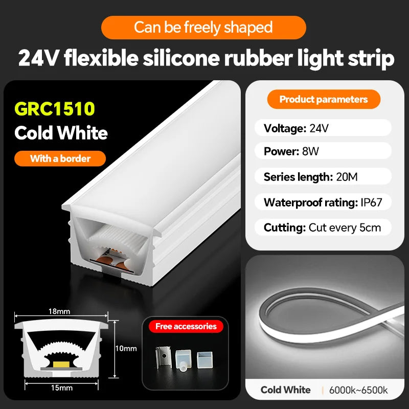 LED silicone light strip, linear light strip, embedded, 24V, waterproof, flexible, curved shape light