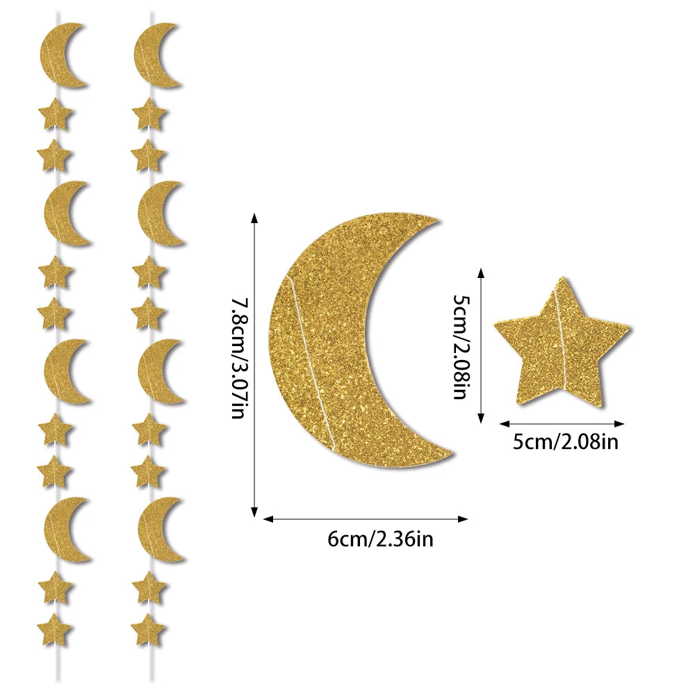 Glitter Gold Star Moon Banner Ramadan Paper Garland Hanging Decoration Ramadan Kareem Eid-al-fitr Islamic Eid Mubarak Decoration