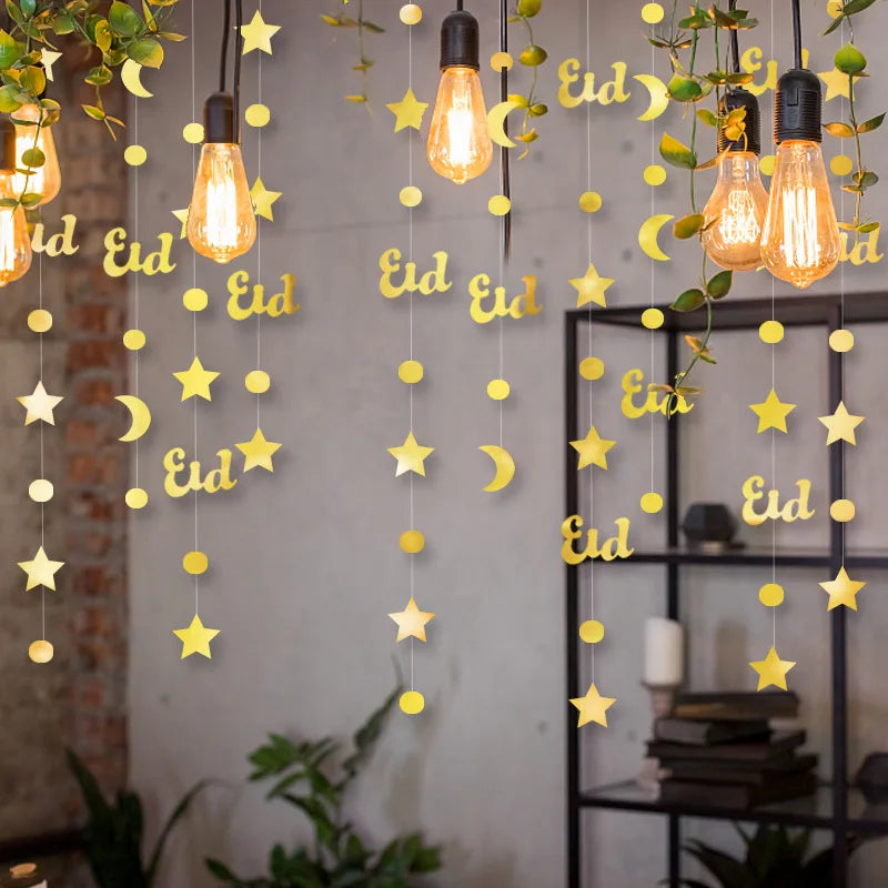Gold Star Moon Circle Dot Crescent Lamp Eid Paper Garland Gold Mubarak Ramadan Streamer Backdrop Muslim Party Banner Decorations