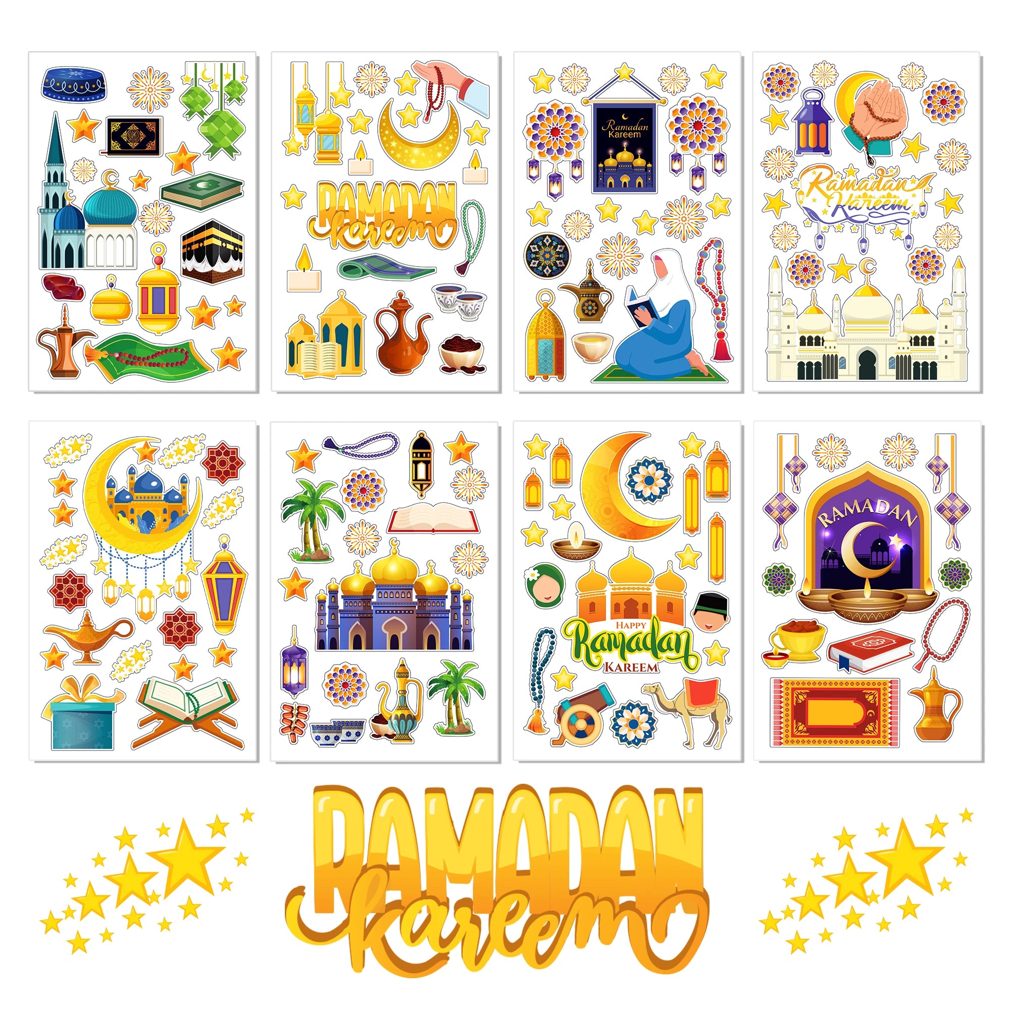 8 Sheets Eid Ramadan Party Window Static Stickers Decoration,Glass Clings Party Backdrops Decals For Eid al-Fitr Party Supplies