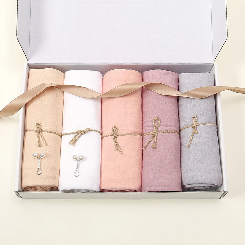 5/Pcs Solid Color Modal Hijab Scarf Cotton Muslim Hijab Shawls Women Sotf Long Wraps Islamic Headscarf Simple Turban Handana Set