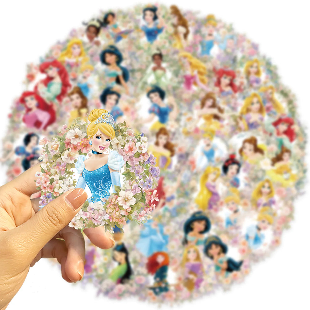 50PCS Disney Princess Flower PET Transparent Stickers Phone Scrapbook Guitar Laptop Suitcase Waterproof Sticker Toys Decals