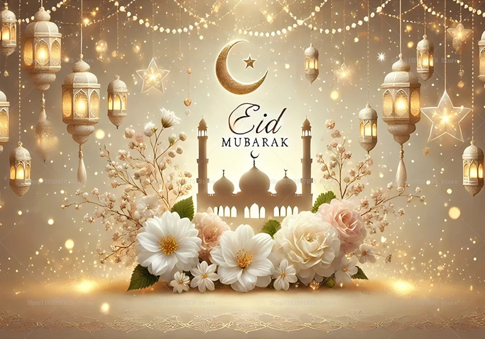 2D Ramadan Golden Crescent Moon Backdrops Eid Mubarak Party Decor Photography Background Banner Studio Photo Booth Props