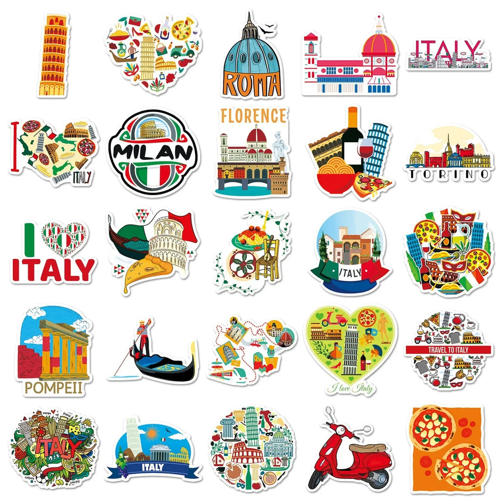 50pcs Italy Travel Famous City Stickers Pisa Tower Venice Scenery Decals Waterproof for Scrapbook Laptop Luggage Decorative