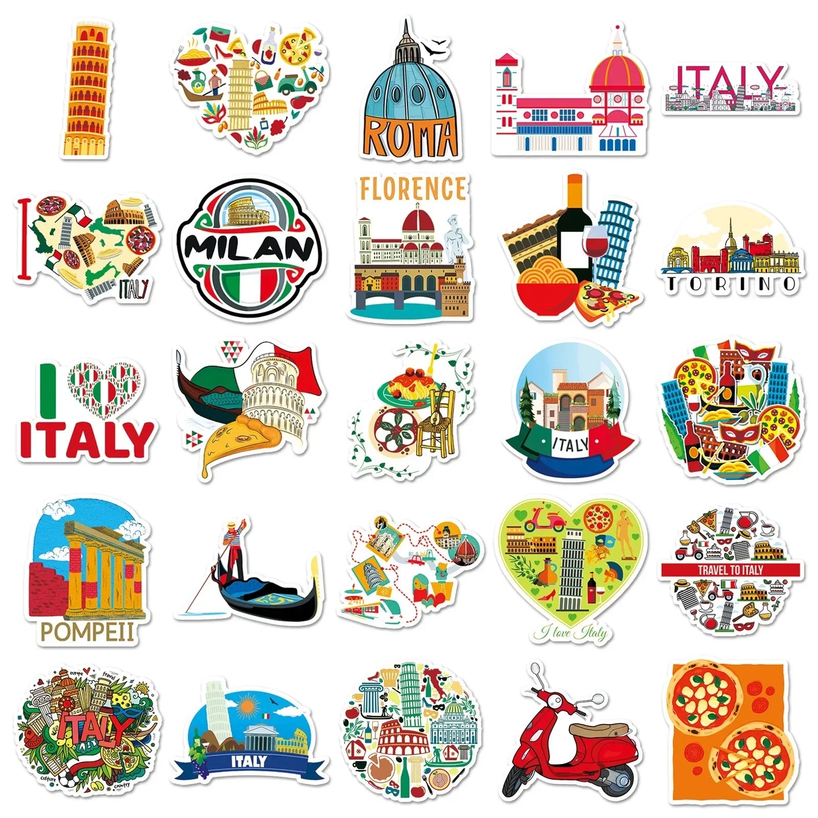 50pcs Italy Travel Famous City Stickers Pisa Tower Venice Scenery Decals Waterproof for Scrapbook Laptop Luggage Decorative