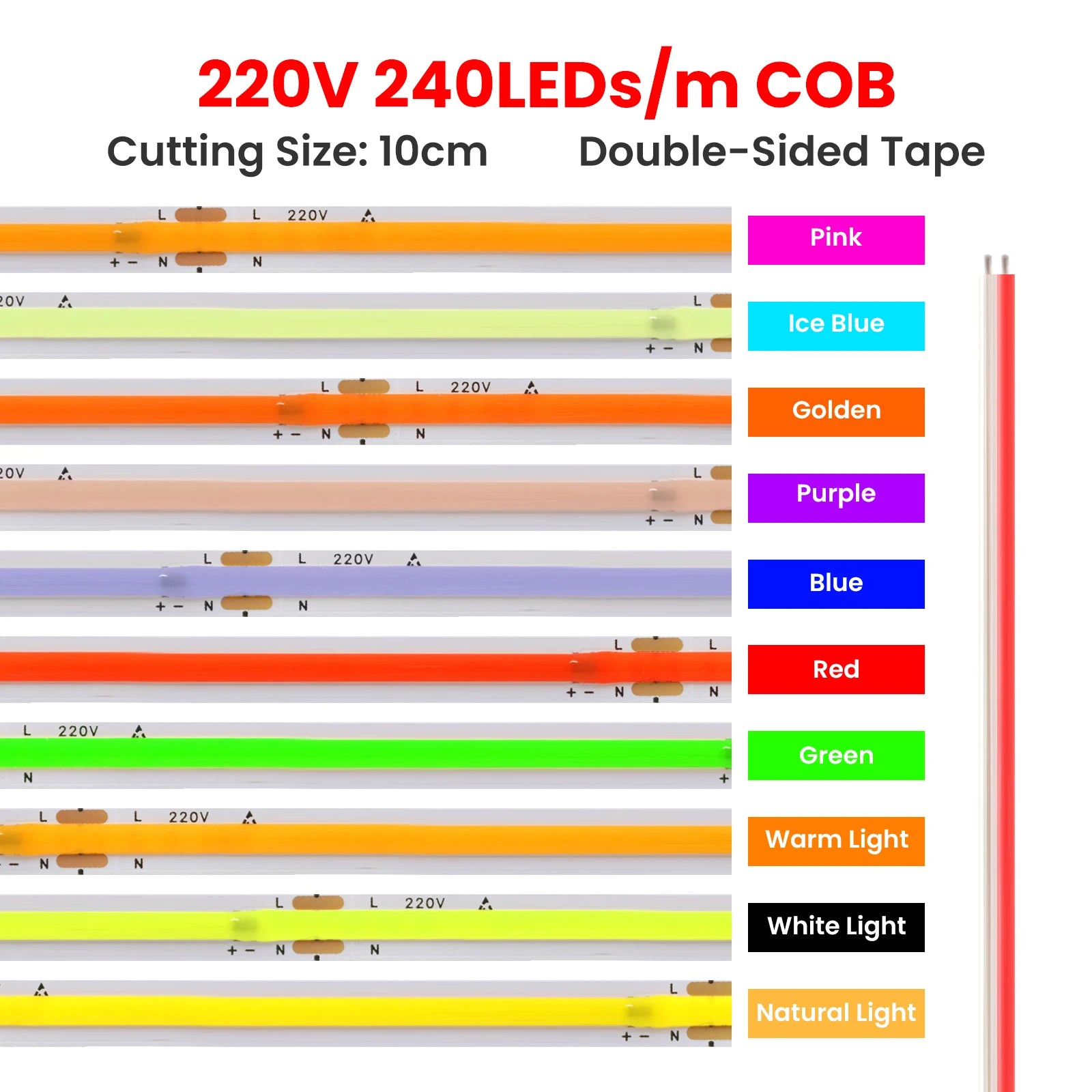 AC 220V COB Strip 240Leds/M 5M 10M 20M 50M/Roll Red/Green/Ice Blue/Pink/White/Purple Flexible Ribbon LED Light For Home Decor