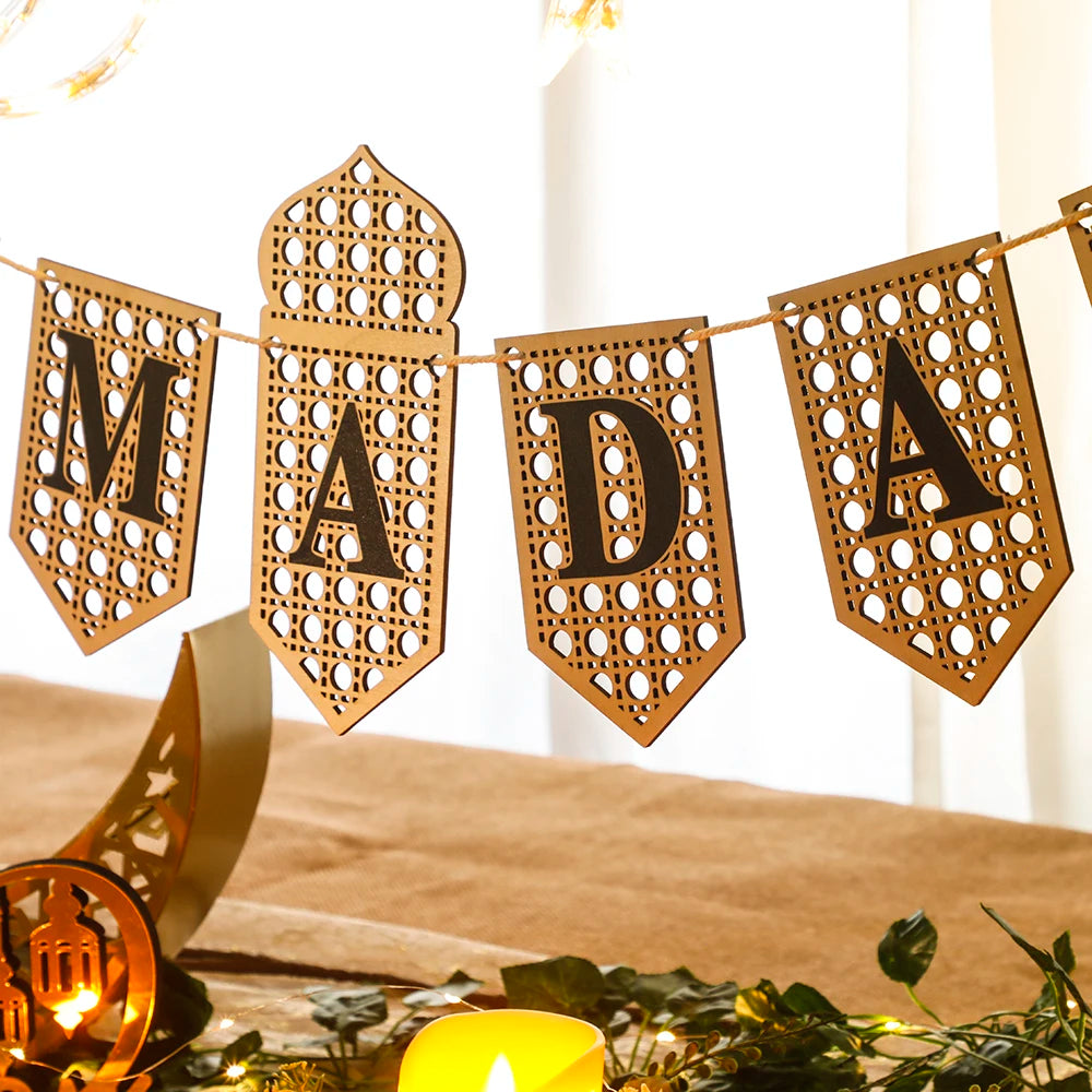 Ramadan Mubarak Banner Hollow Lantern Hanging Garland for Islamic Muslim Eid Festival Home Party Ornament Wall Decor Supplies
