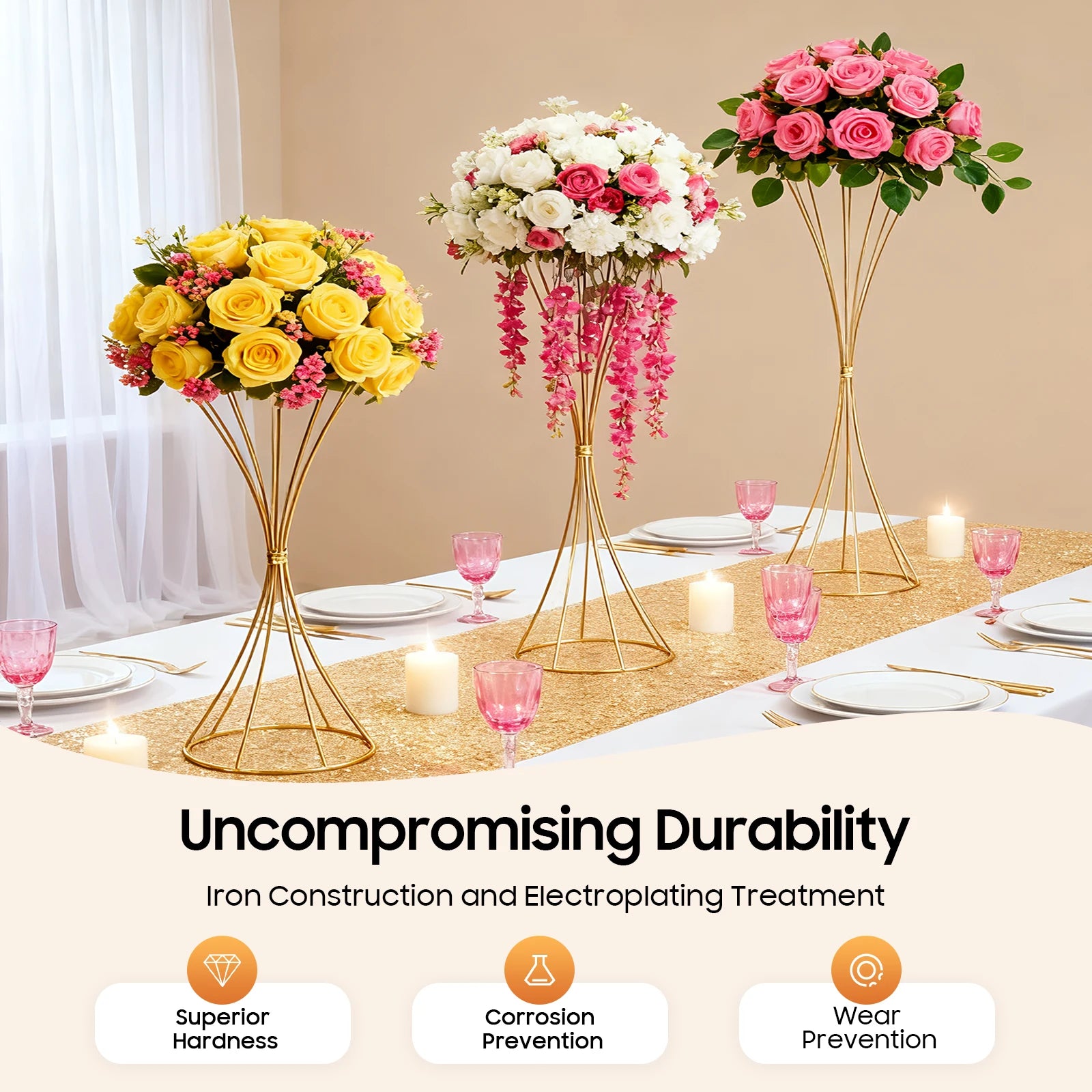 3PCS Hourglass-Shaped Golden Vase, Metal Wedding Centerpieces Vase, Flower Road Lead Stand for Table Wedding Party Banquet