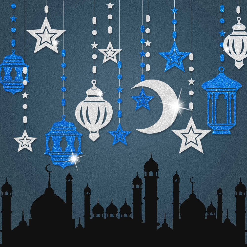 Blue White Eid Mubarak Theme Supplies Banner Hanging Swirl Spiral Decor Moon Star Foil Balloon Eid Ramadan Party Decor Supplies