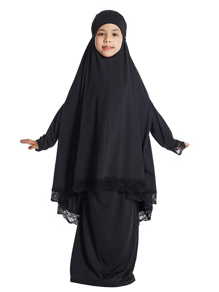 Muslim Kids Girls Hijab Dress Ramadan Khimar Skirt Set Overhead Eid Prayer Garment Burqa Abaya Robe Kaftan Hooded Gown