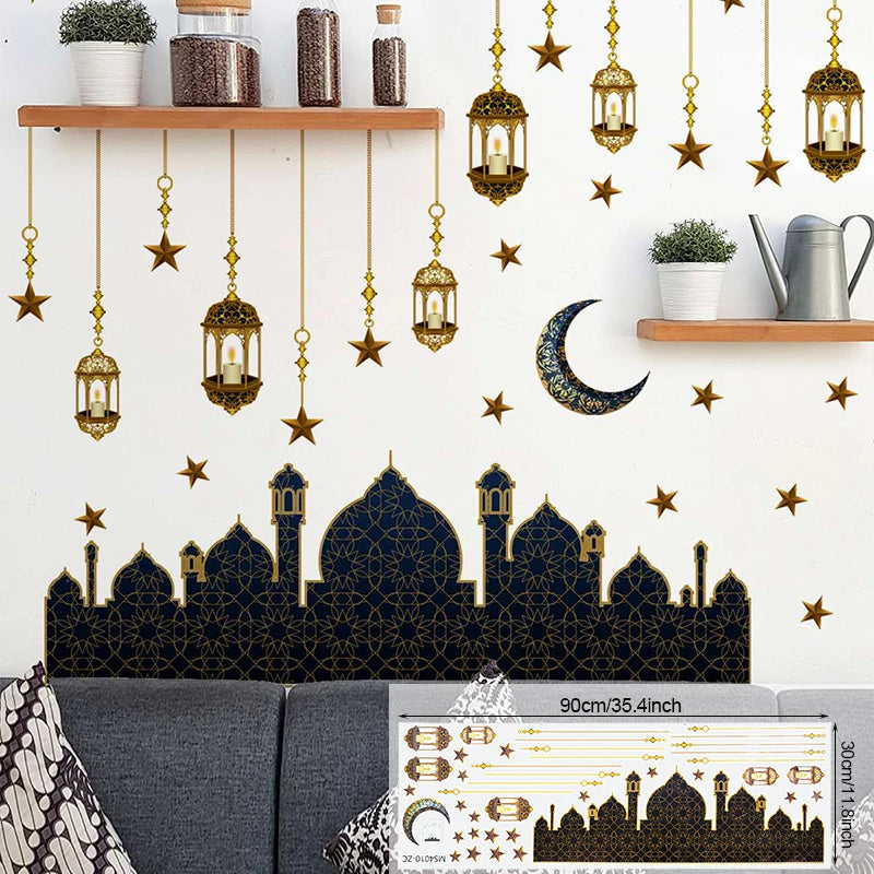 Eid Mubarak Wall Stickers Moon Star Lantern Ramadan Kareem Wall Decals Muslim Islamic Window Sticker Decorations for Home 2024