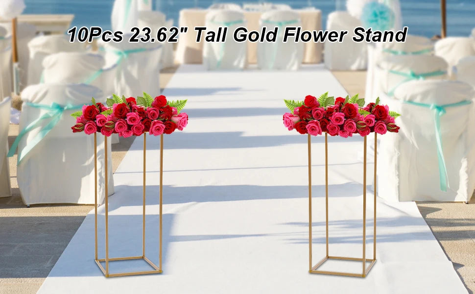 10Pcs Wedding Flower Stand Set 23.62"H Gold Metal Column Rack Wedding Party Prop Decor Balloon Display Holder Flower Vase Pillar