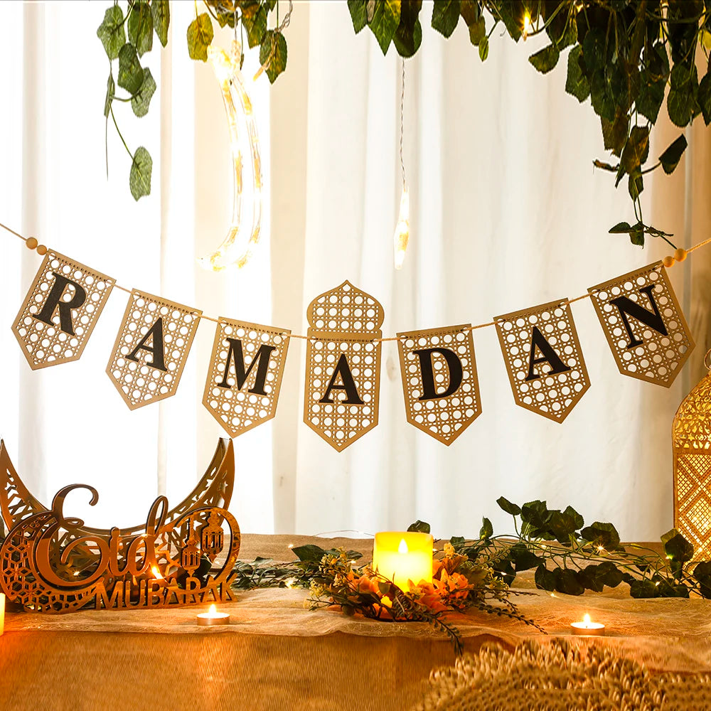 Ramadan Mubarak Banner Hollow Lantern Hanging Garland for Islamic Muslim Eid Festival Home Party Ornament Wall Decor Supplies
