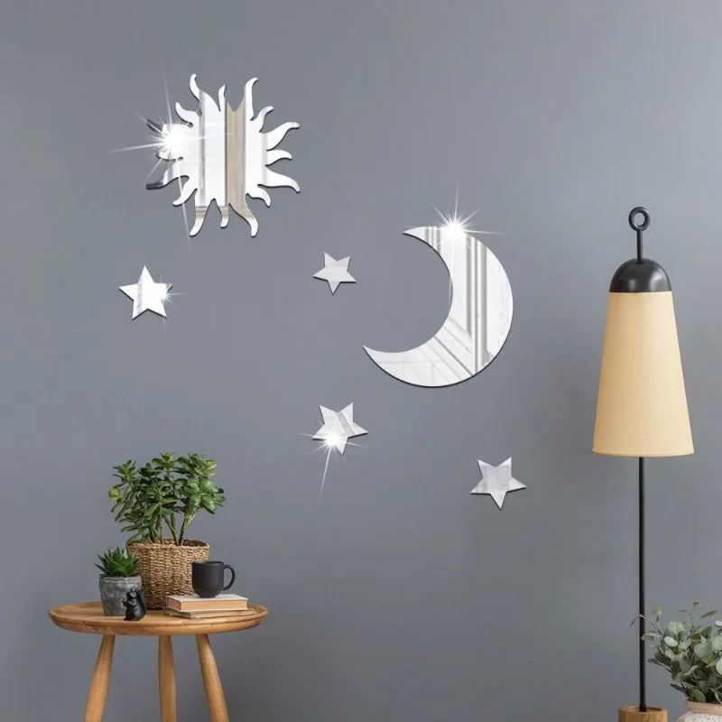 6pcs Star & Moon Combination Mirror Wall Sticker for Bedroom and Living Room - Ramadan Kareem, Holiday, Birthday Party Supplies,