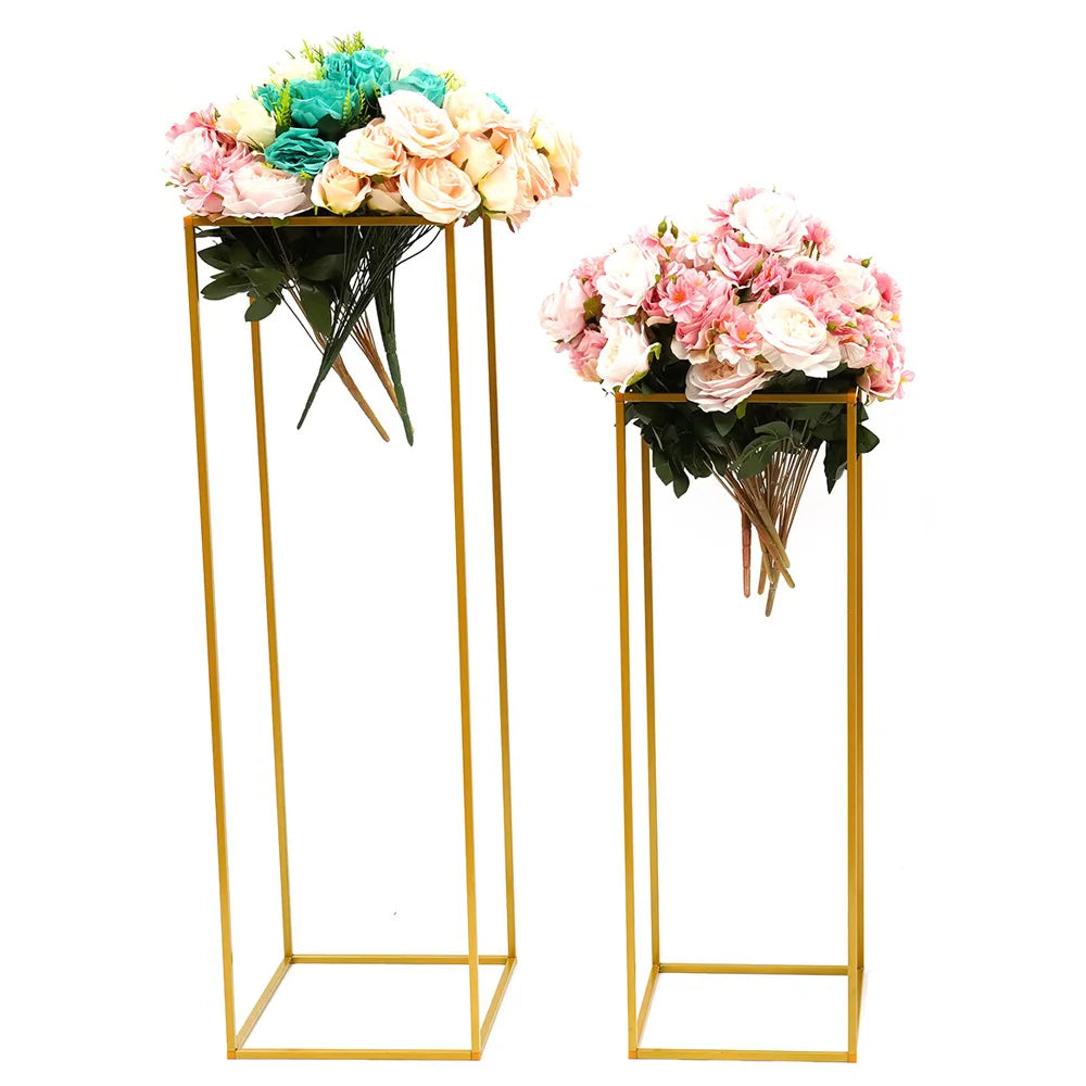 2Pcs Tabletop Flower Stands Metal Square Floral Decor Vase Floor Column Holder Gold Display Rack Road Guide for Wedding Party