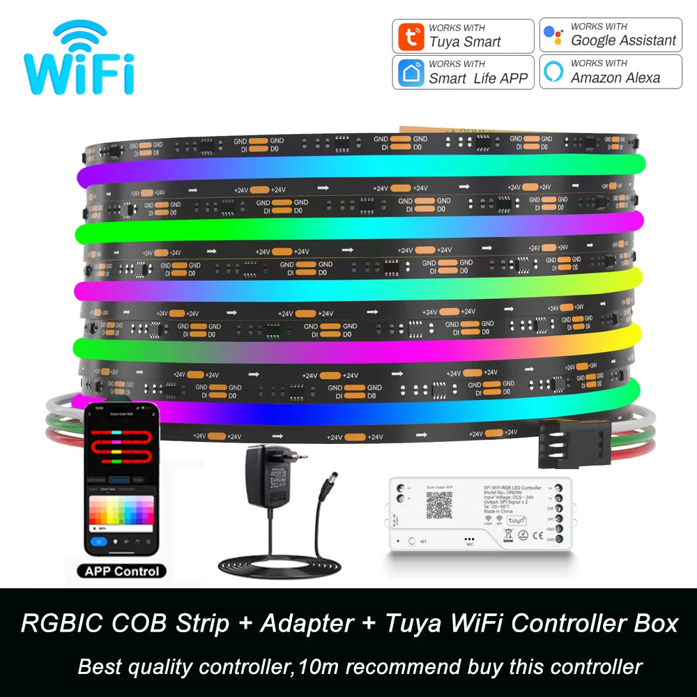 1-10M Addressable COB LED Strip Light 12V 24V WS2811 Full Dream Color Tape RGBIC LED Ribbon Pixel SPI Strip Colorful Room Decor