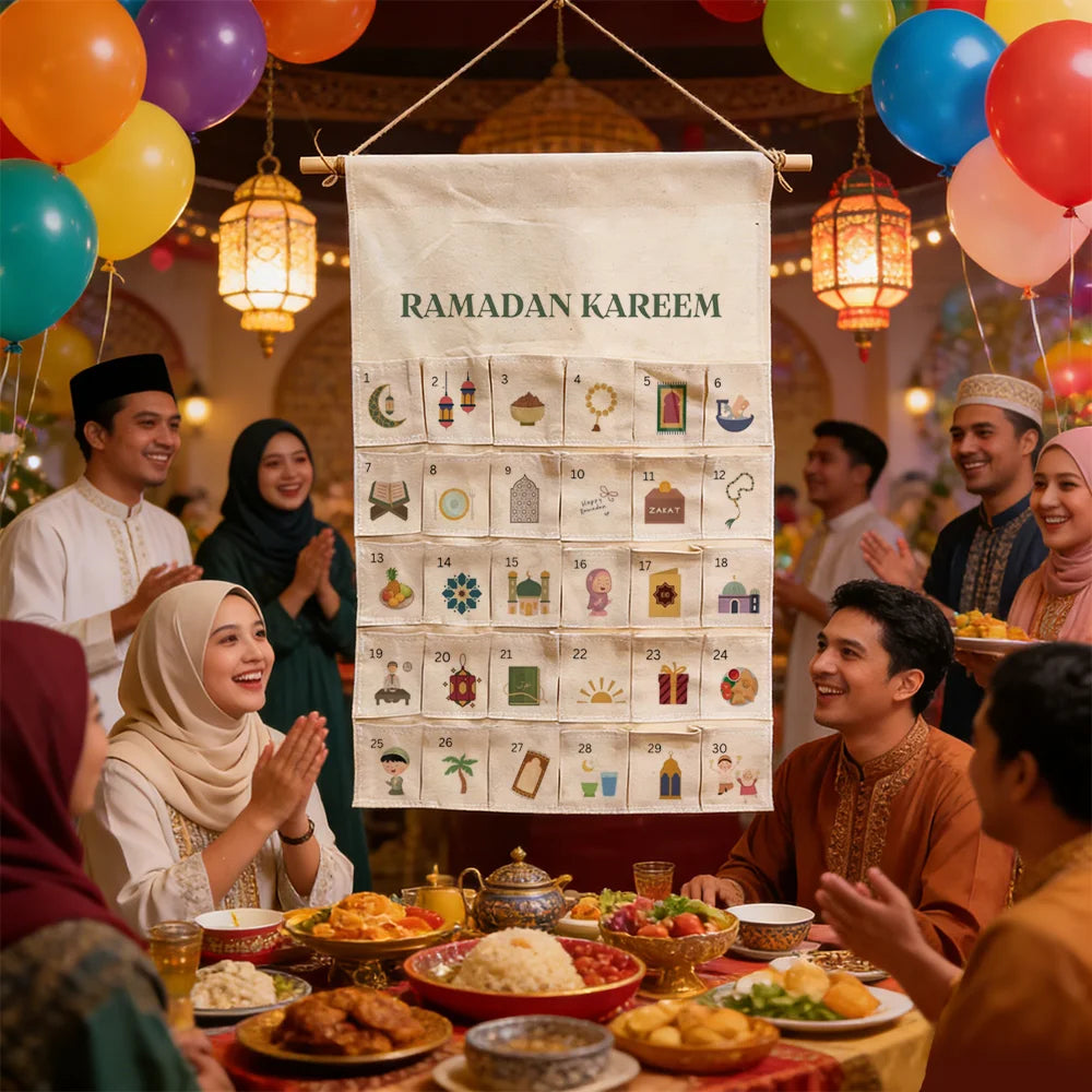Ramadan Kareem Countdown Calendar with 30 Pockets – Eid Mubarak Family Decor 2026