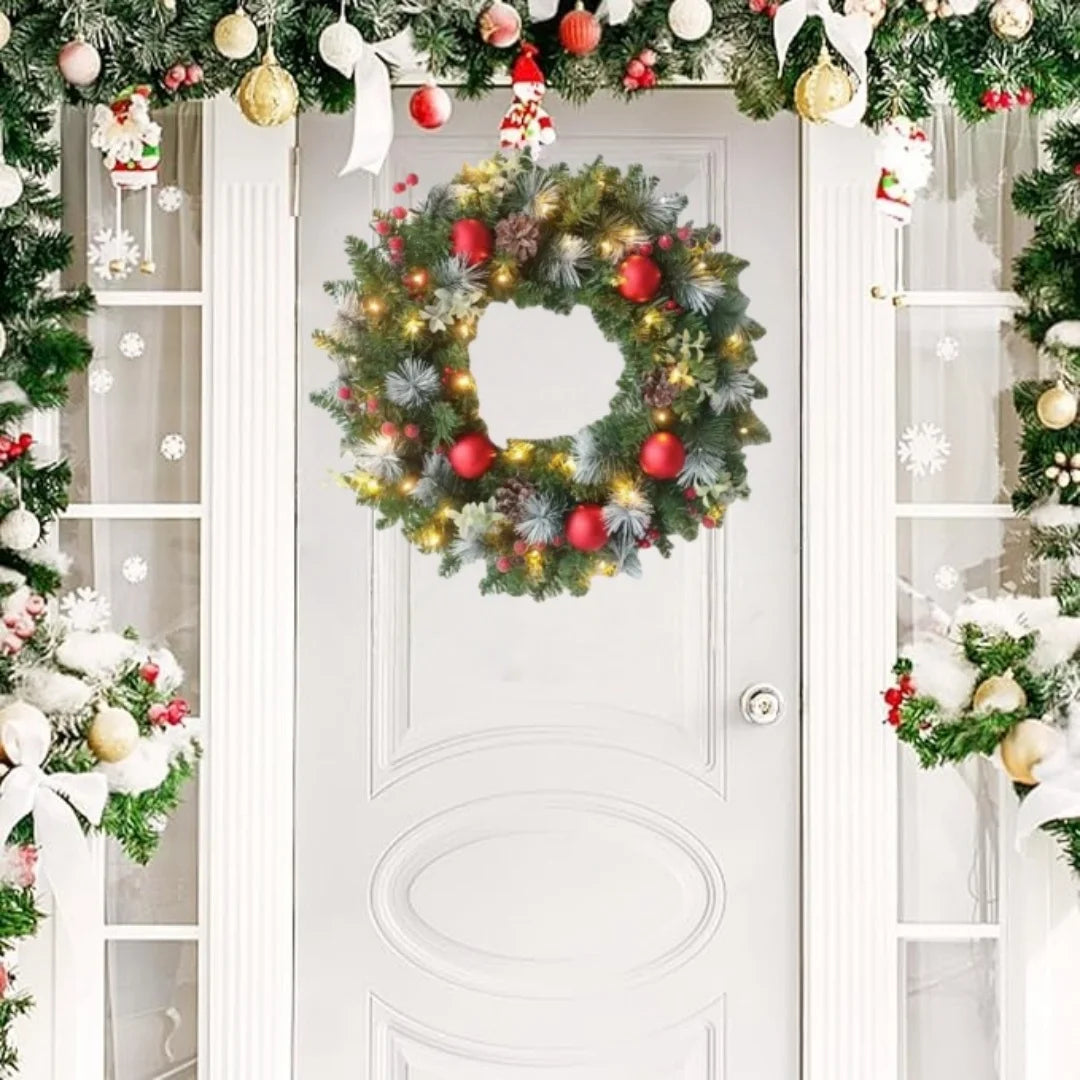 Christmas Wreaths For Front Door With String Lights 35/40cm Christmas Door Wreath With Artificial Pinecone Red Berry Home Decor